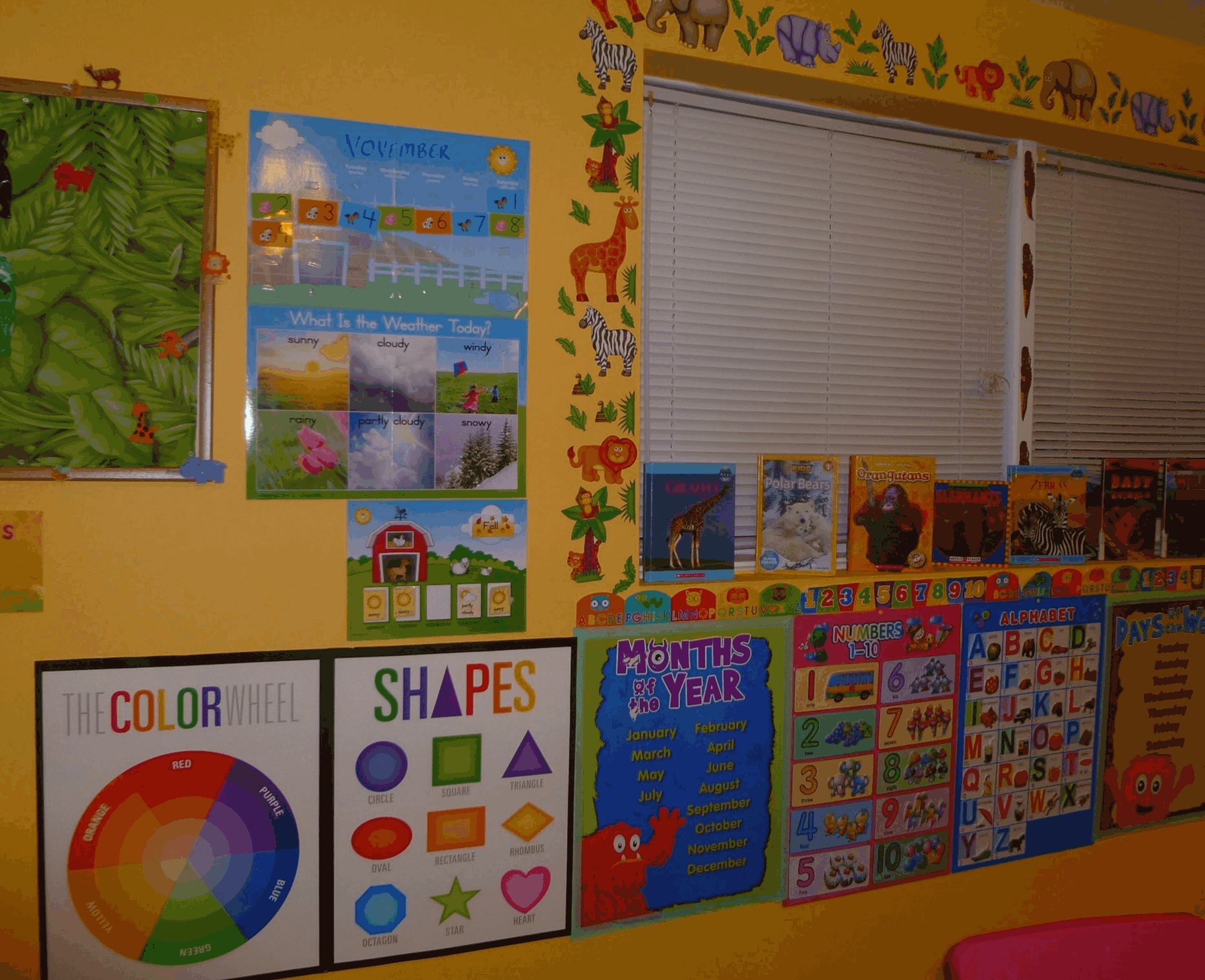 A classroom wall with a color wheel, shapes poster, months of the year, alphabet, numbers, and animal books